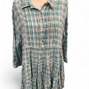 Jodifl Blue and White Plaid Tiered Lightweight Blouse Boho Women's Size Large
